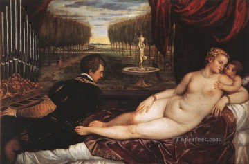 Desnudo Painting - Venus con Organista y Cupido desnudo Tiziano Tiziano